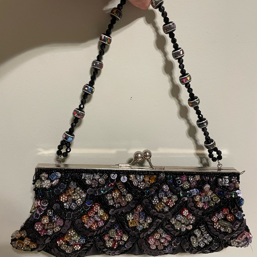 Elegant Beaded Clutch with Black Accents